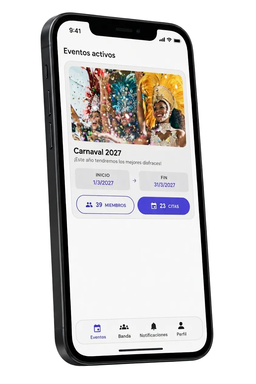 App de Samby en un móvil mostrando los eventos activos de una comparsa